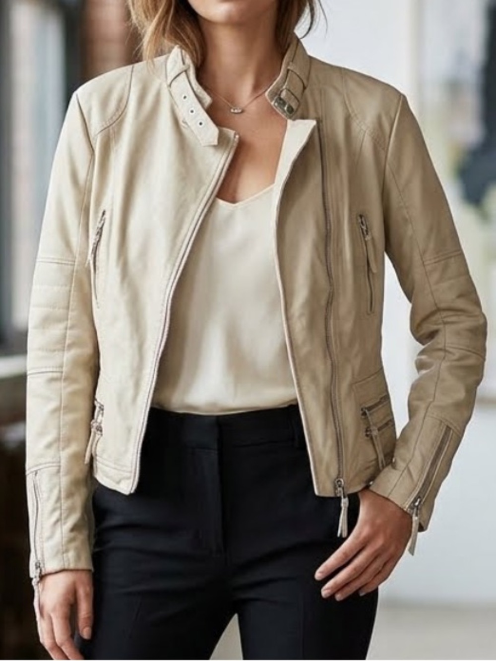 BLANKNYC Ivory Faux Leather Moto Bomber Jacket Small